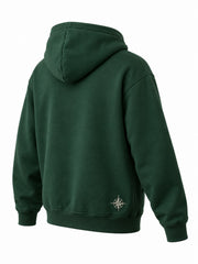 Rear three-quarter view of the Alpine Crest forest green embroidered hoodie