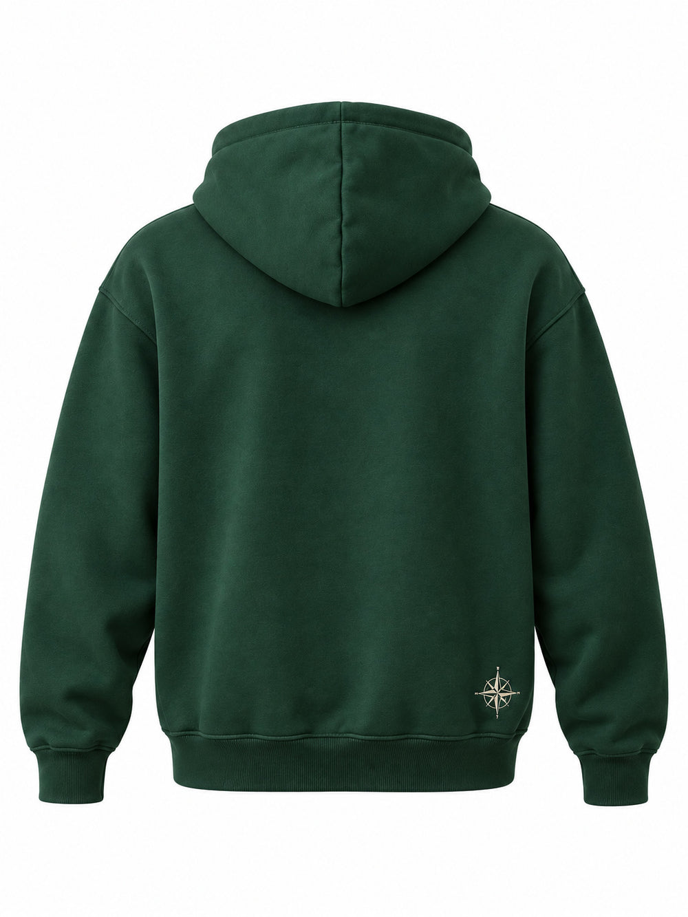 Back view of the Alpine Crest forest green embroidered hoodie with small ivory compass embroidered near the lower right hem