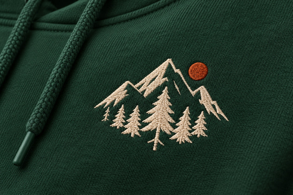 Close-up of the embroidered decoration on the Alpine Crest forest green embroidered hoodie