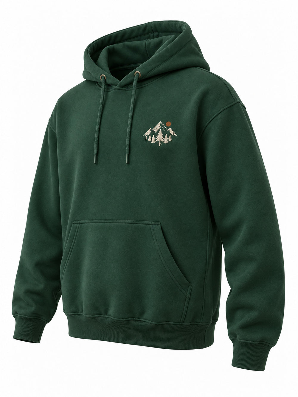 Front three-quarter view of the Alpine Crest forest green embroidered hoodie