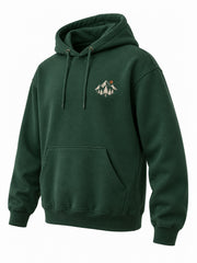 Front three-quarter view of the Alpine Crest forest green embroidered hoodie