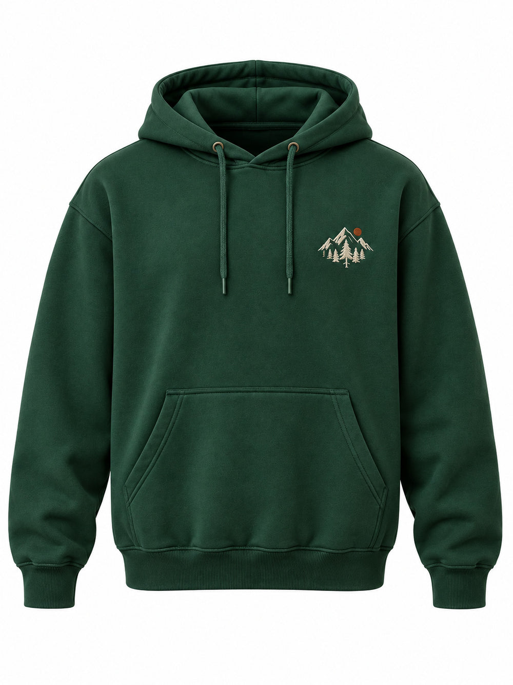 Front view of the Alpine Crest forest green embroidered hoodie with ivory-and-rust mountain crest embroidery on the left chest