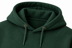 Close-up of the hood and neckline of the Alpine Crest forest green embroidered hoodie