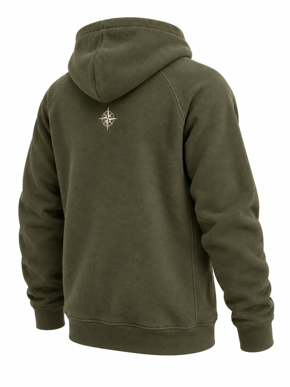 Rear three-quarter view of the Alpine Half Zip olive embroidered half-zip hoodie