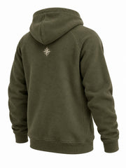 Rear three-quarter view of the Alpine Half Zip olive embroidered half-zip hoodie