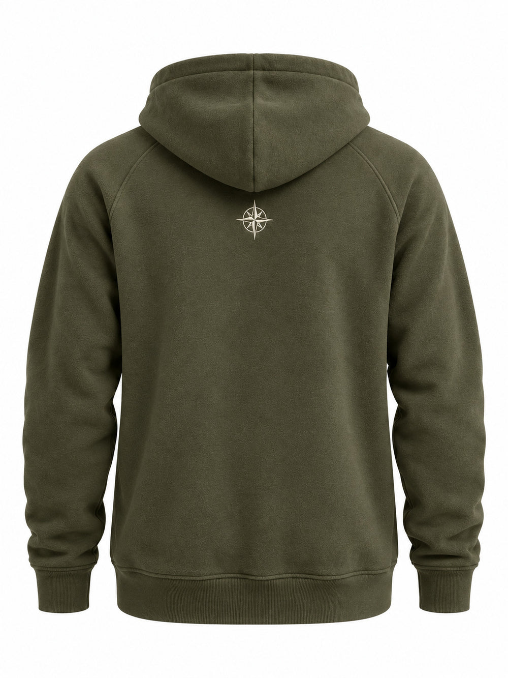 Back view of the Alpine Half Zip olive embroidered half-zip hoodie with small ivory compass embroidered below the hood