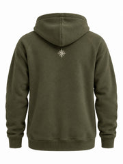 Back view of the Alpine Half Zip olive embroidered half-zip hoodie with small ivory compass embroidered below the hood