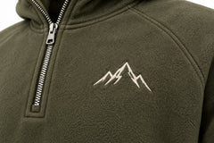 Close-up of the embroidered decoration on the Alpine Half Zip olive embroidered half-zip hoodie