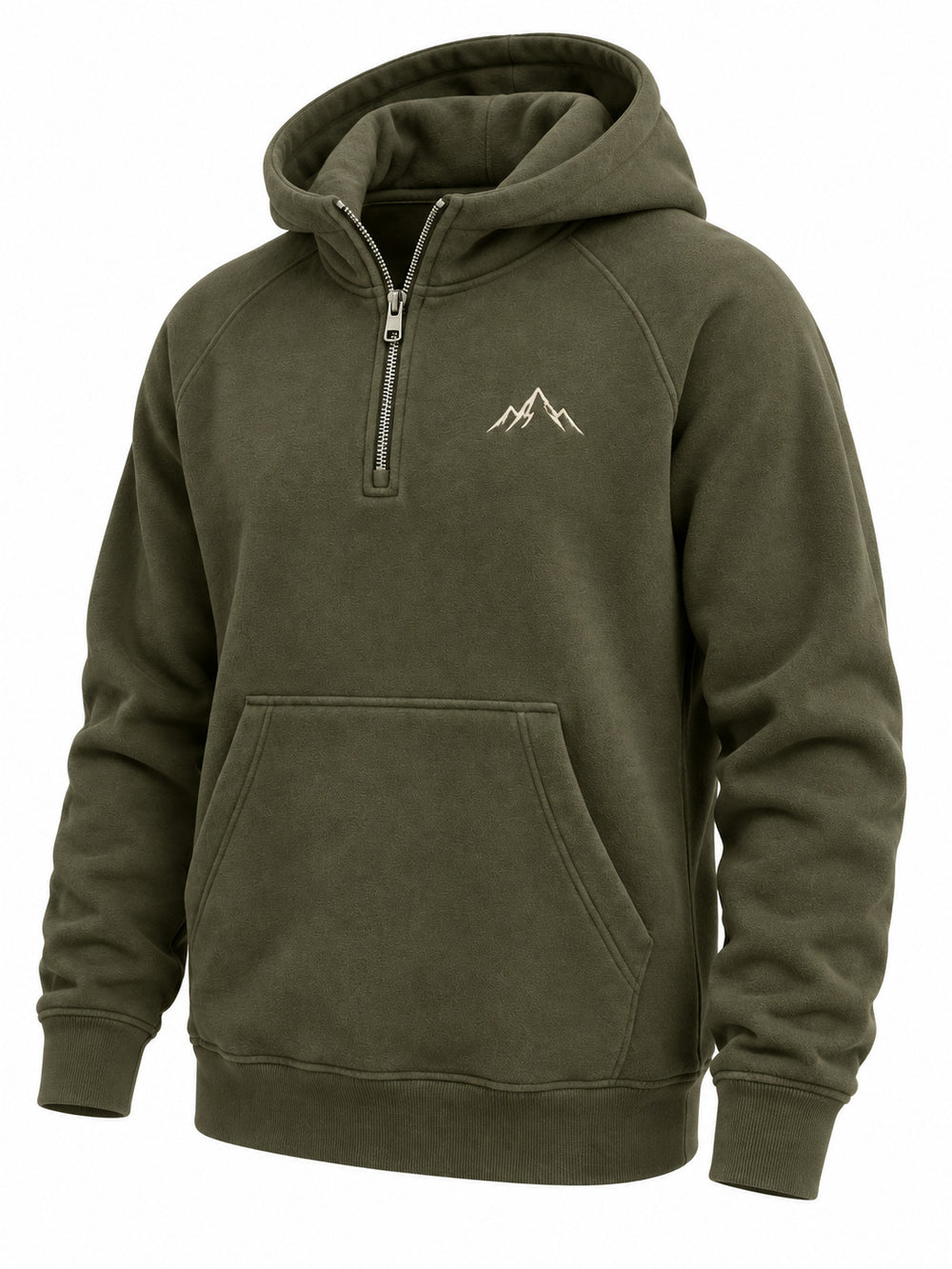 Front three-quarter view of the Alpine Half Zip olive embroidered half-zip hoodie