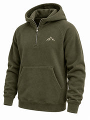 Front three-quarter view of the Alpine Half Zip olive embroidered half-zip hoodie
