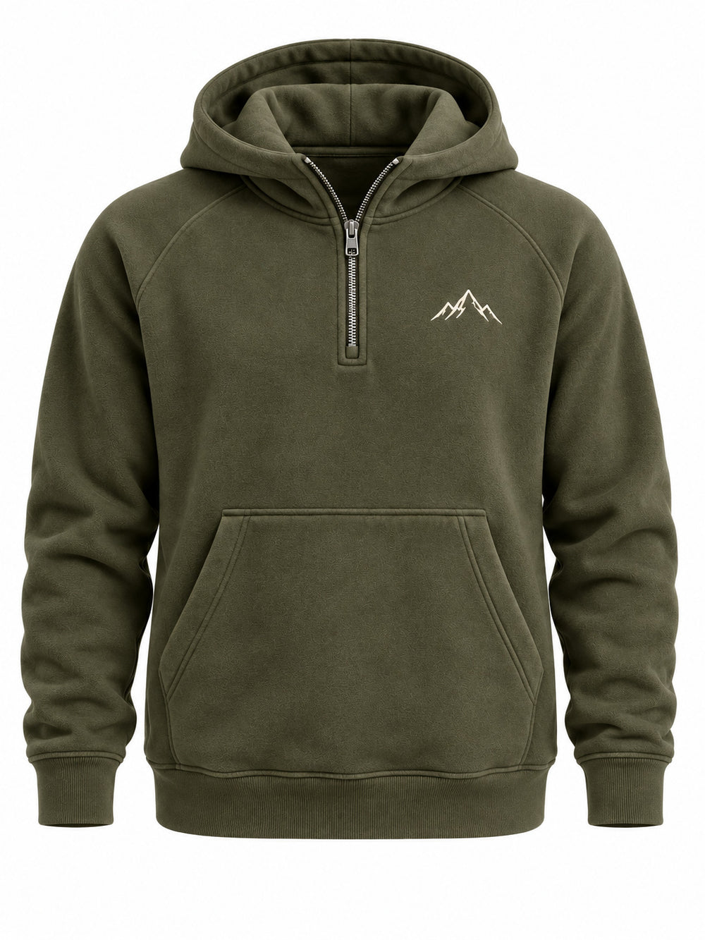 Front view of the Alpine Half Zip olive embroidered half-zip hoodie with small ivory alpine peak embroidered on the left chest