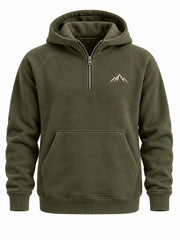 Front view of the Alpine Half Zip olive embroidered half-zip hoodie with small ivory alpine peak embroidered on the left chest