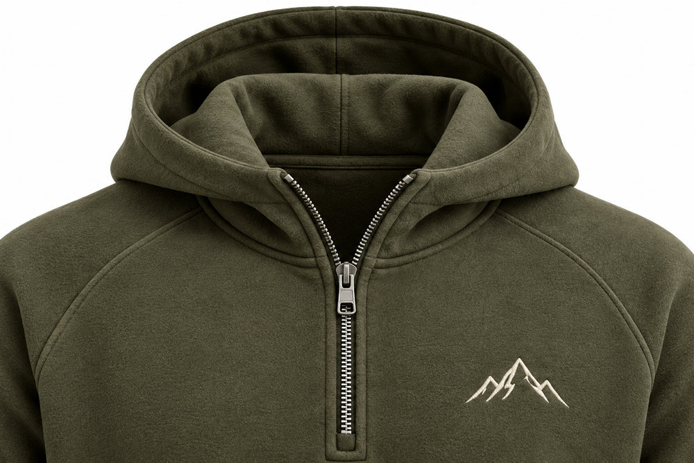 Close-up of the hood and neckline of the Alpine Half Zip olive embroidered half-zip hoodie