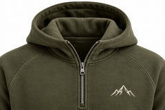 Close-up of the hood and neckline of the Alpine Half Zip olive embroidered half-zip hoodie
