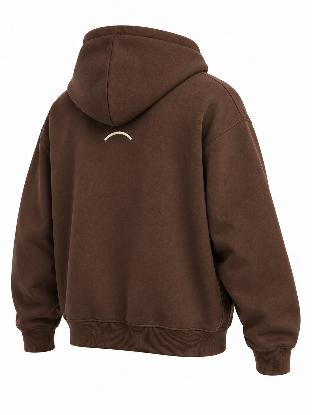 Rear three-quarter view of the Arc Atelier chocolate brown embroidered boxy hoodie
