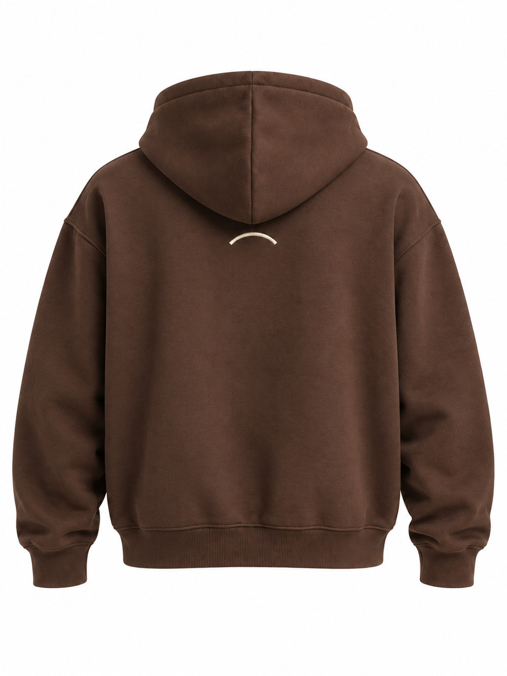 Back view of the Arc Atelier chocolate brown embroidered boxy hoodie with small cream curved line embroidered below the hood