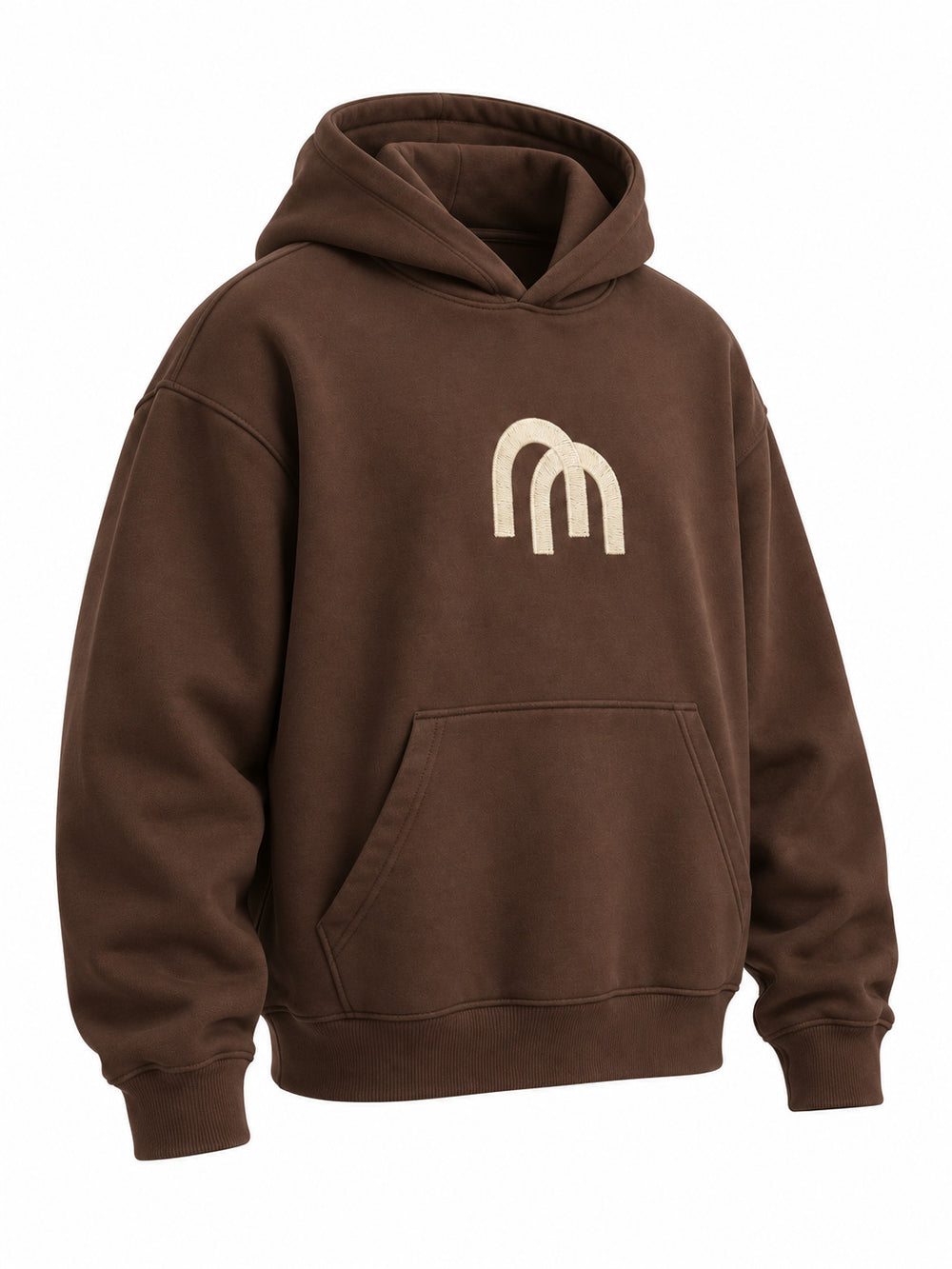 Front three-quarter view of the Arc Atelier chocolate brown embroidered boxy hoodie