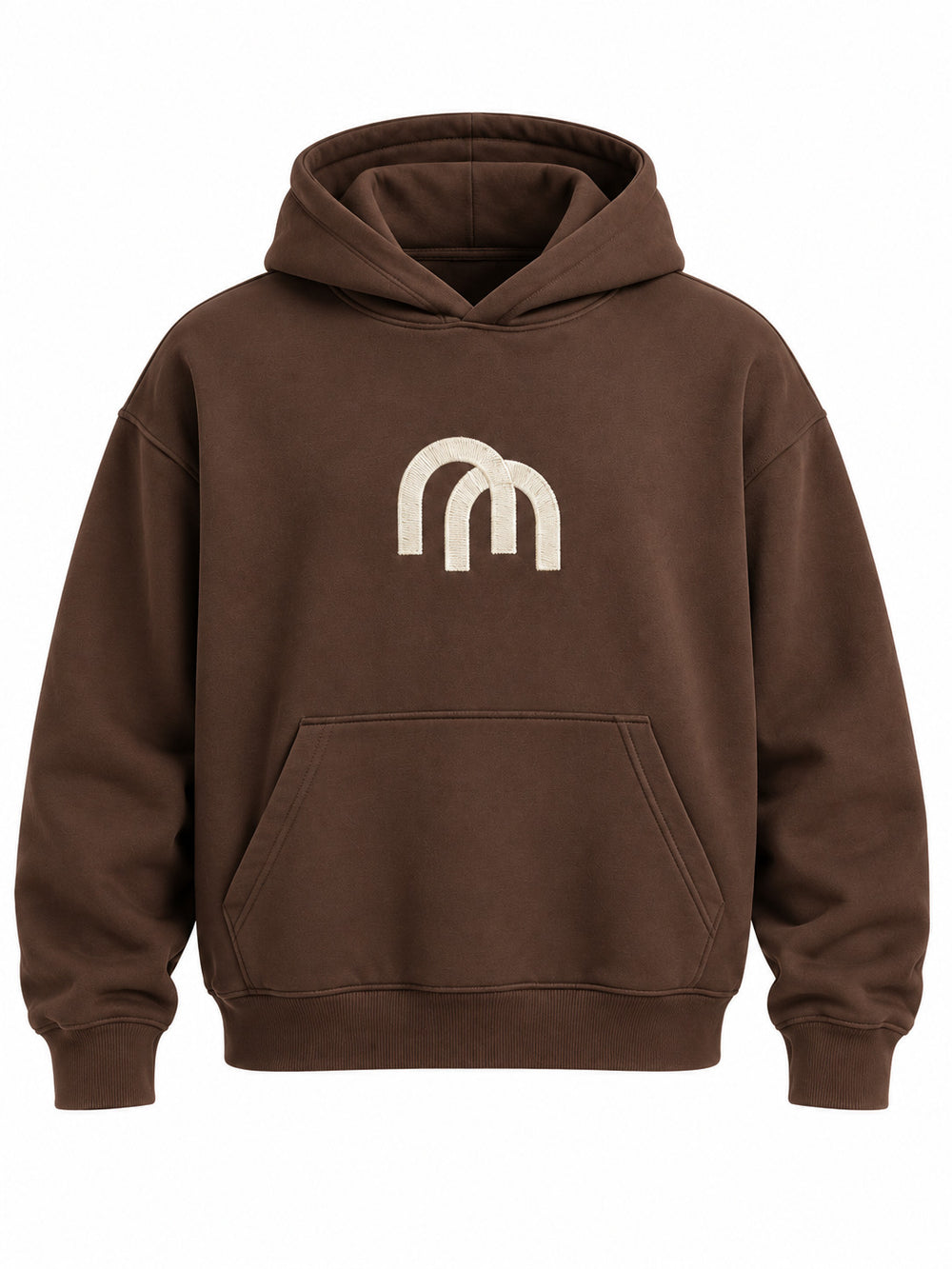 Front view of the Arc Atelier chocolate brown embroidered boxy hoodie with cream interlocking arch embroidery at the center chest