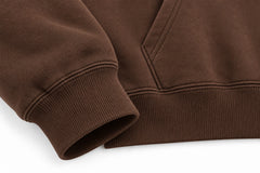 Close-up of the seam stitching of the Arc Atelier chocolate brown embroidered boxy hoodie