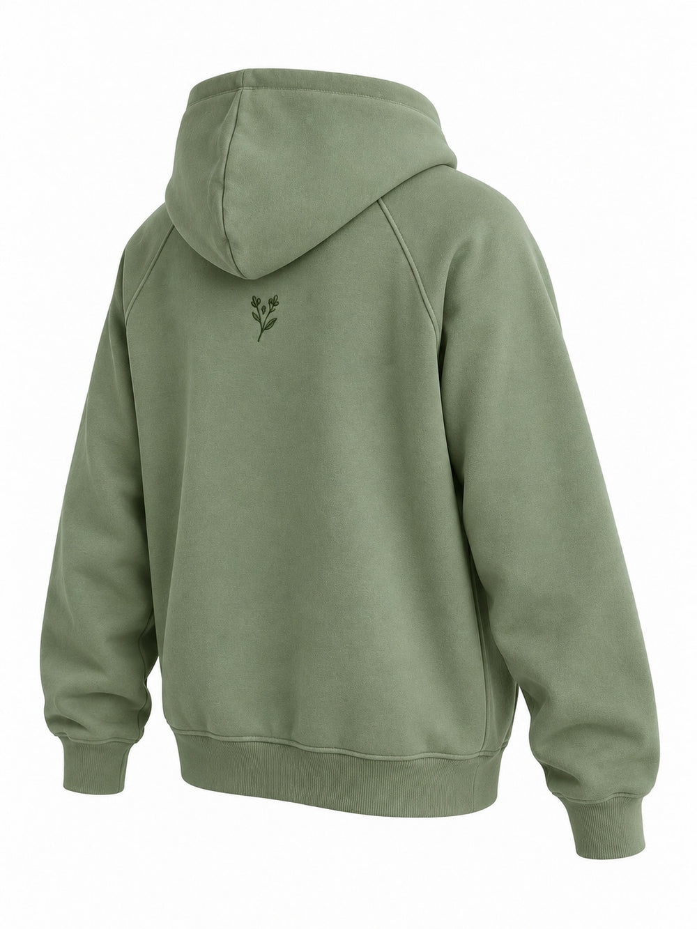 Rear three-quarter view of the Botanical Line sage embroidered hoodie