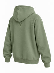 Rear three-quarter view of the Botanical Line sage embroidered hoodie