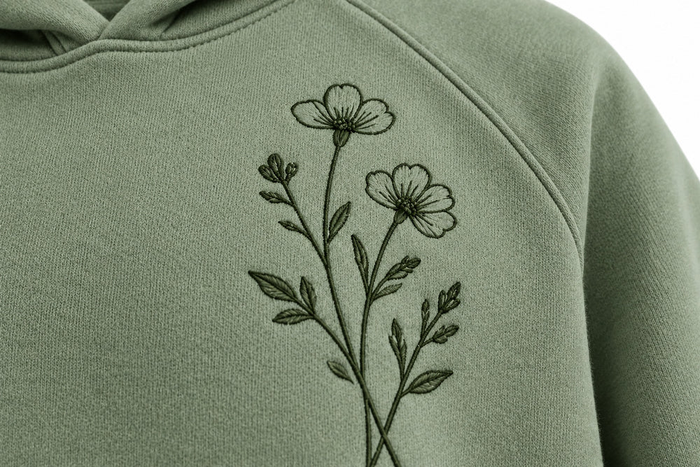 Close-up of the embroidered decoration on the Botanical Line sage embroidered hoodie