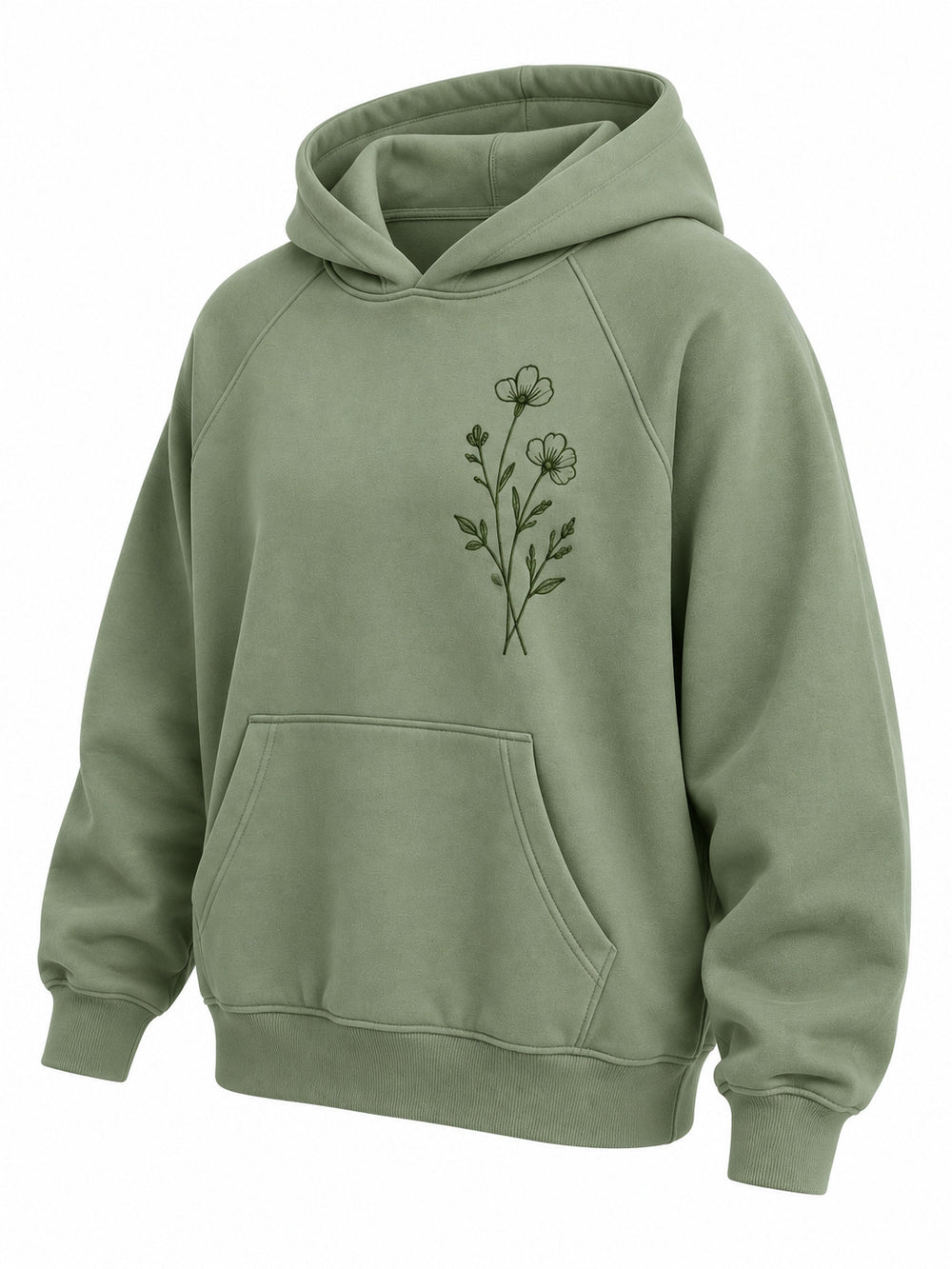 Front three-quarter view of the Botanical Line sage embroidered hoodie