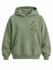 Front view of the Botanical Line sage embroidered hoodie with dark green wildflower stem embroidered off-center on the chest