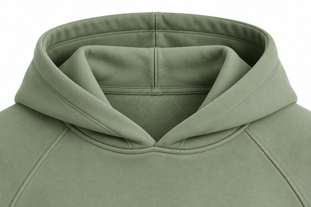 Close-up of the hood and neckline of the Botanical Line sage embroidered hoodie