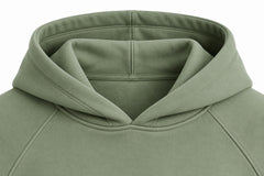 Close-up of the hood and neckline of the Botanical Line sage embroidered hoodie