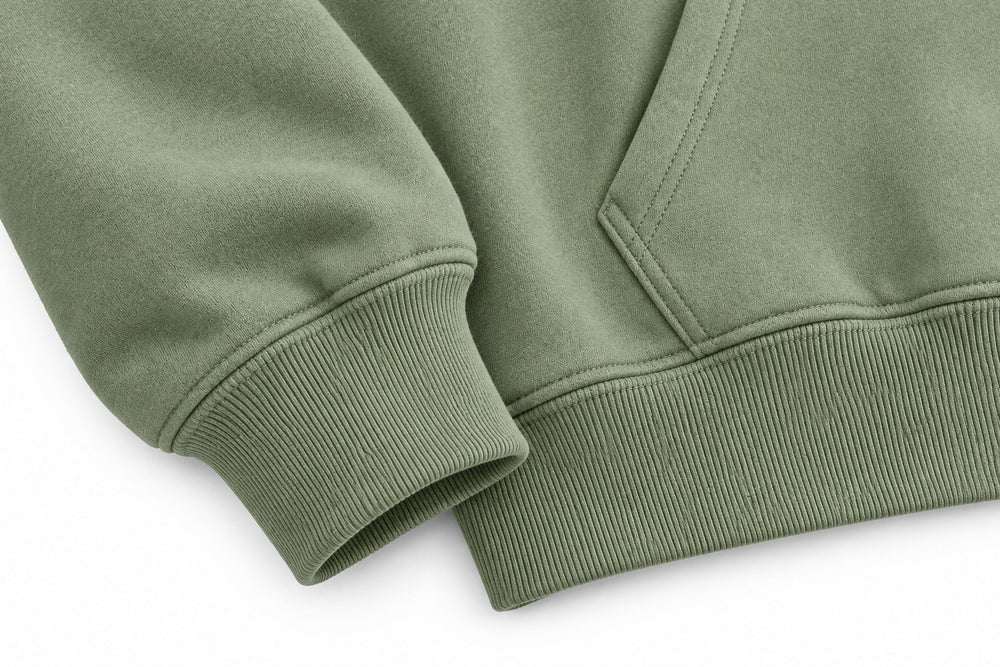 Close-up of the seam stitching of the Botanical Line sage embroidered hoodie