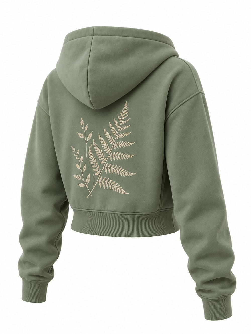 Rear three-quarter view of the Botanical Zip sage embroidered cropped zip-up hoodie