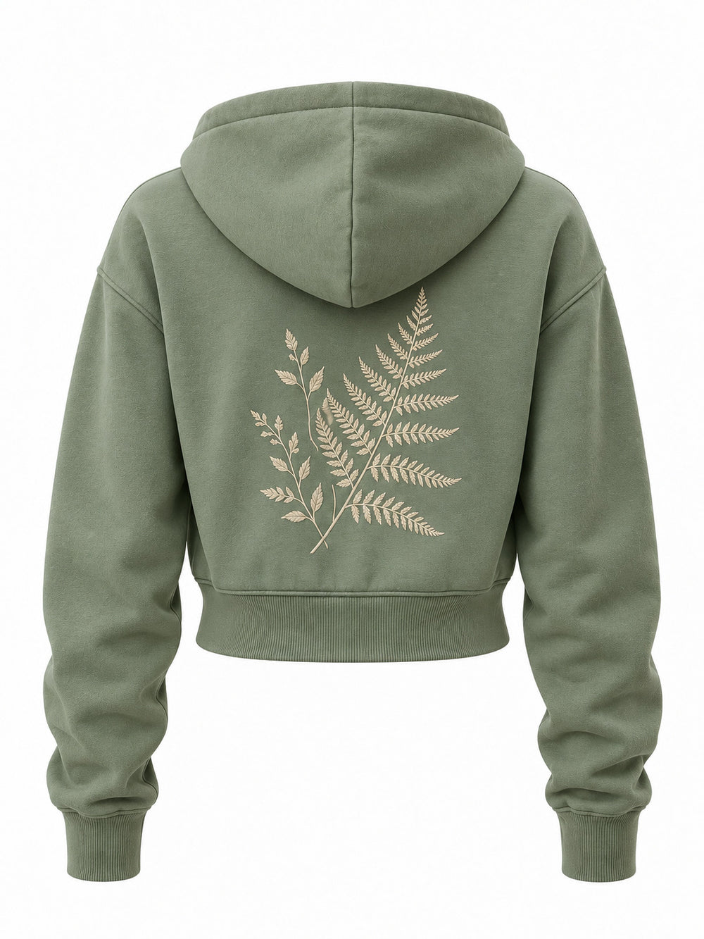 Back view of the Botanical Zip sage embroidered cropped zip-up hoodie with larger cream fern embroidered below the hood