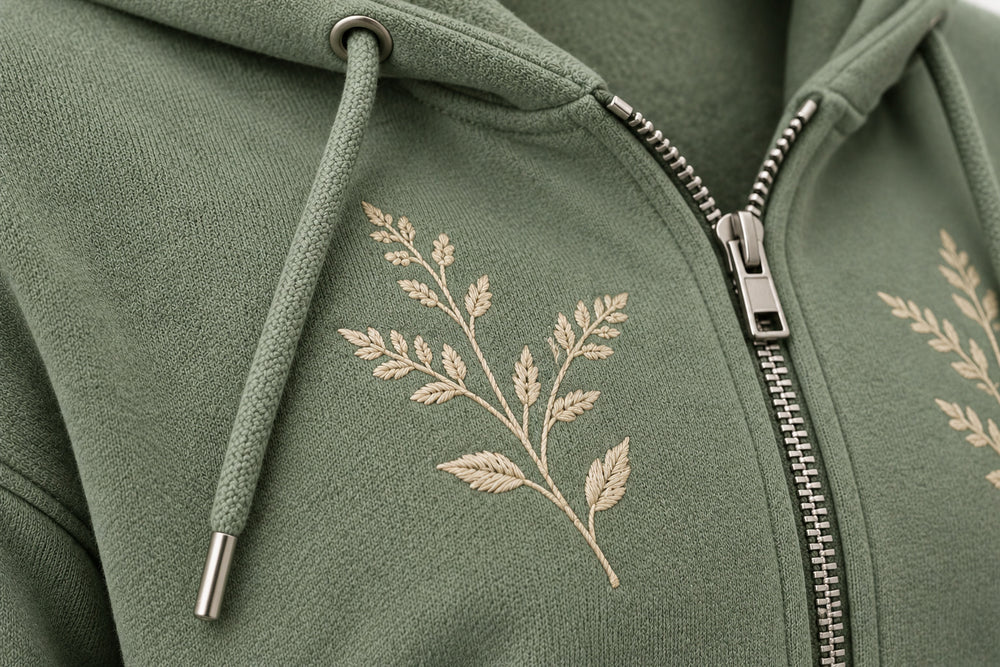Close-up of the embroidered decoration on the Botanical Zip sage embroidered cropped zip-up hoodie