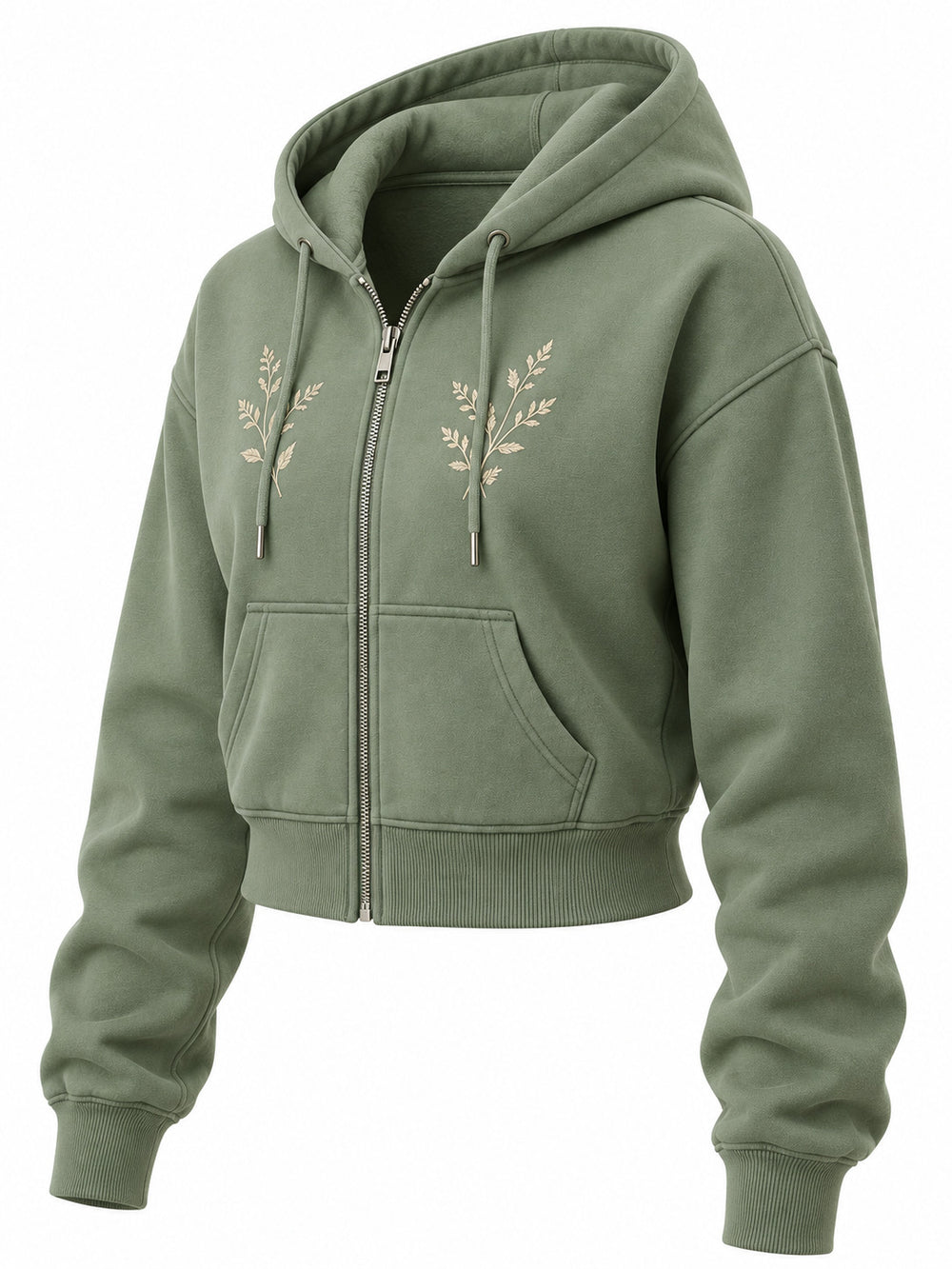 Front three-quarter view of the Botanical Zip sage embroidered cropped zip-up hoodie