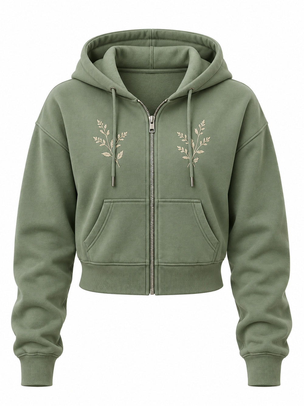 Front view of the Botanical Zip sage embroidered cropped zip-up hoodie with two small cream botanical sprigs embroidered either side of the zipper