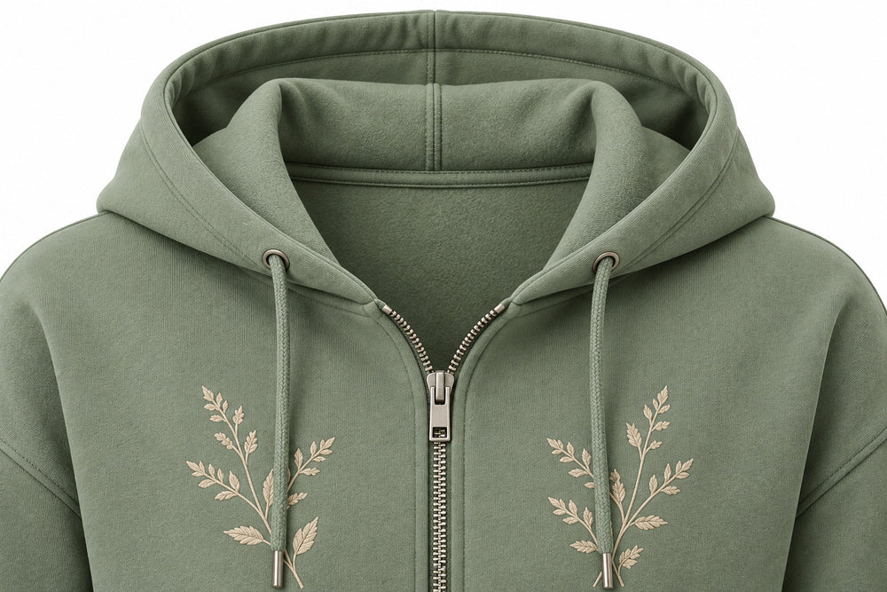 Close-up of the hood and neckline of the Botanical Zip sage embroidered cropped zip-up hoodie