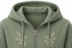 Close-up of the hood and neckline of the Botanical Zip sage embroidered cropped zip-up hoodie