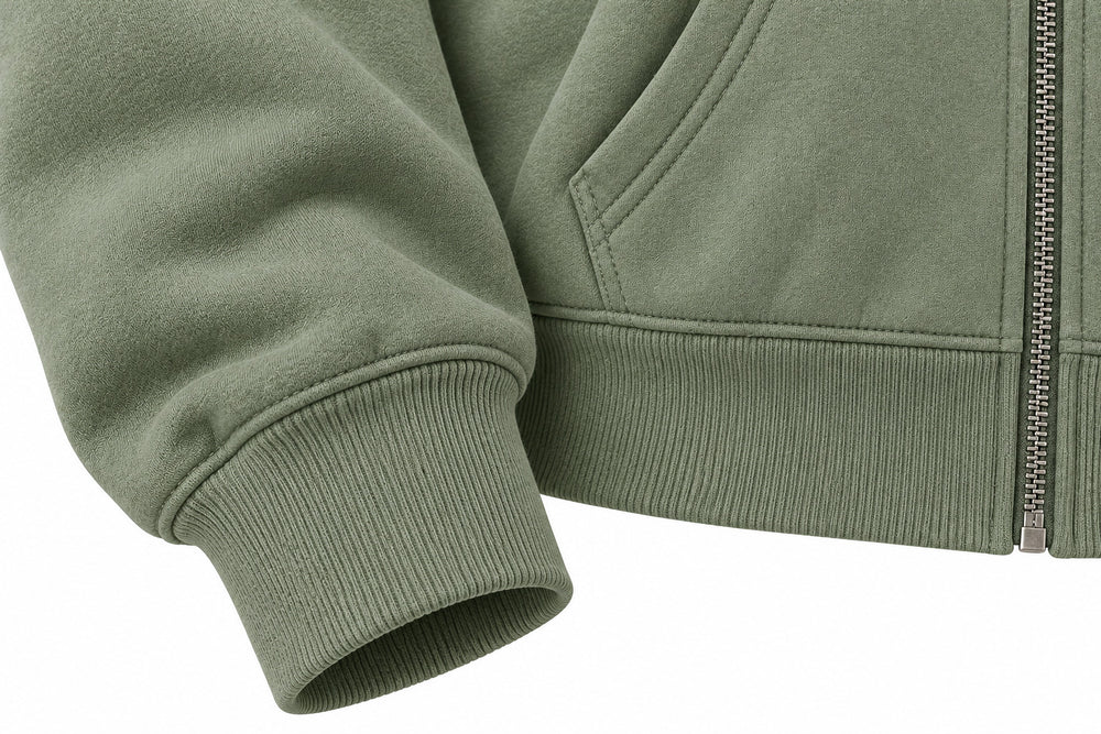 Close-up of the seam stitching of the Botanical Zip sage embroidered cropped zip-up hoodie