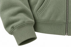 Close-up of the seam stitching of the Botanical Zip sage embroidered cropped zip-up hoodie