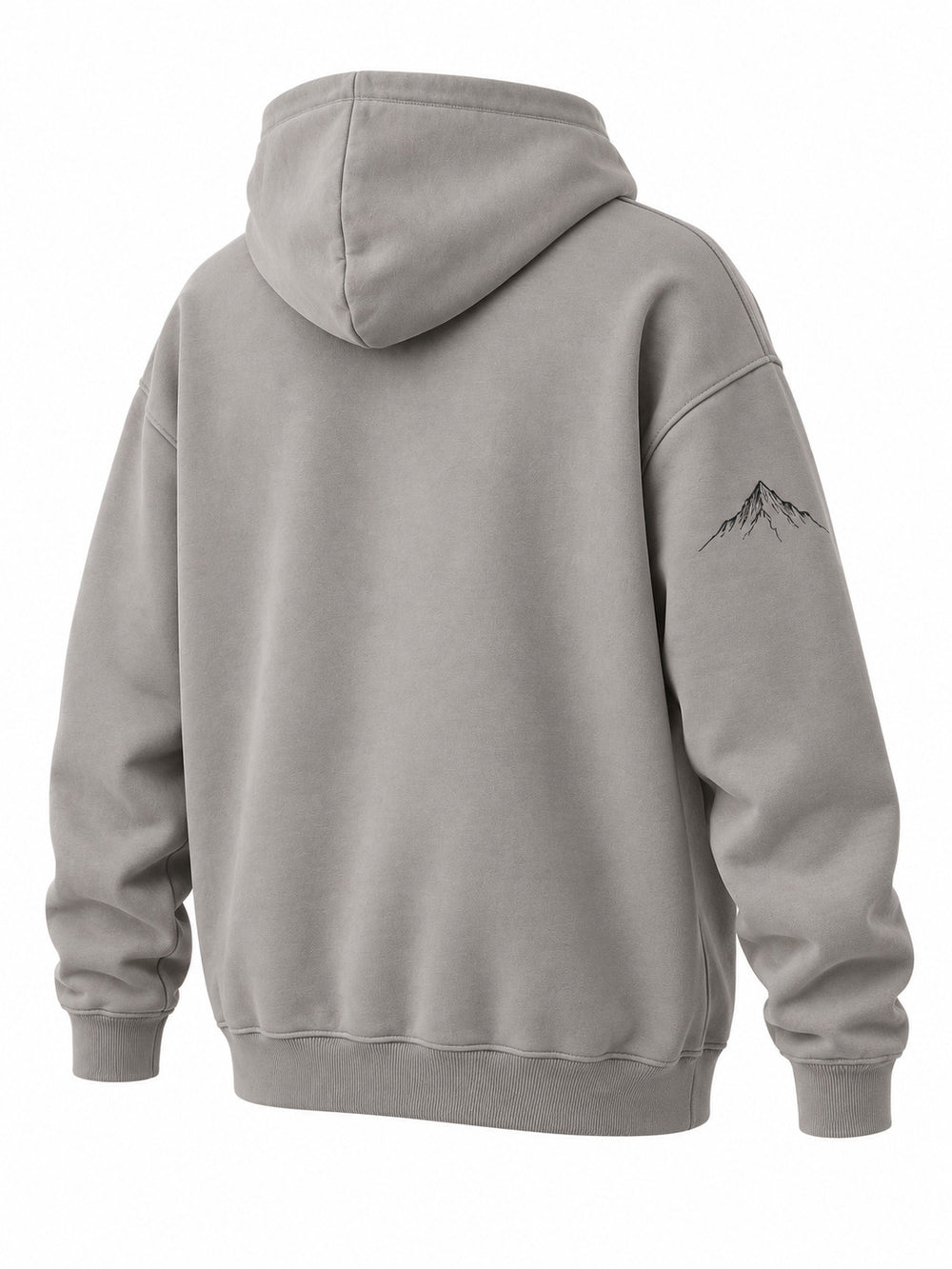 Rear three-quarter view of the Contour Club stone gray embroidered oversized hoodie