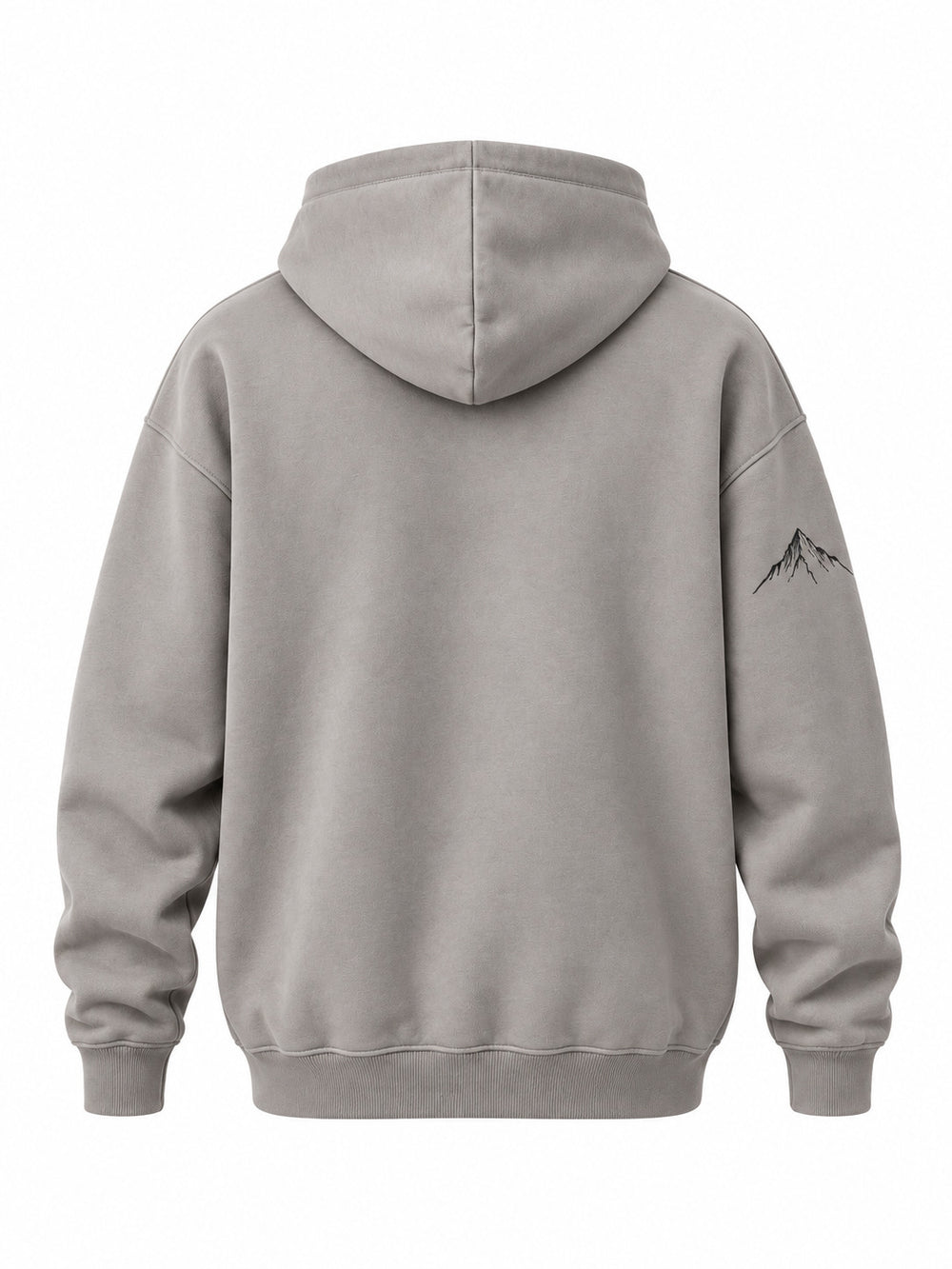 Back view of the Contour Club stone gray embroidered oversized hoodie with plain back; small matching peak on one sleeve