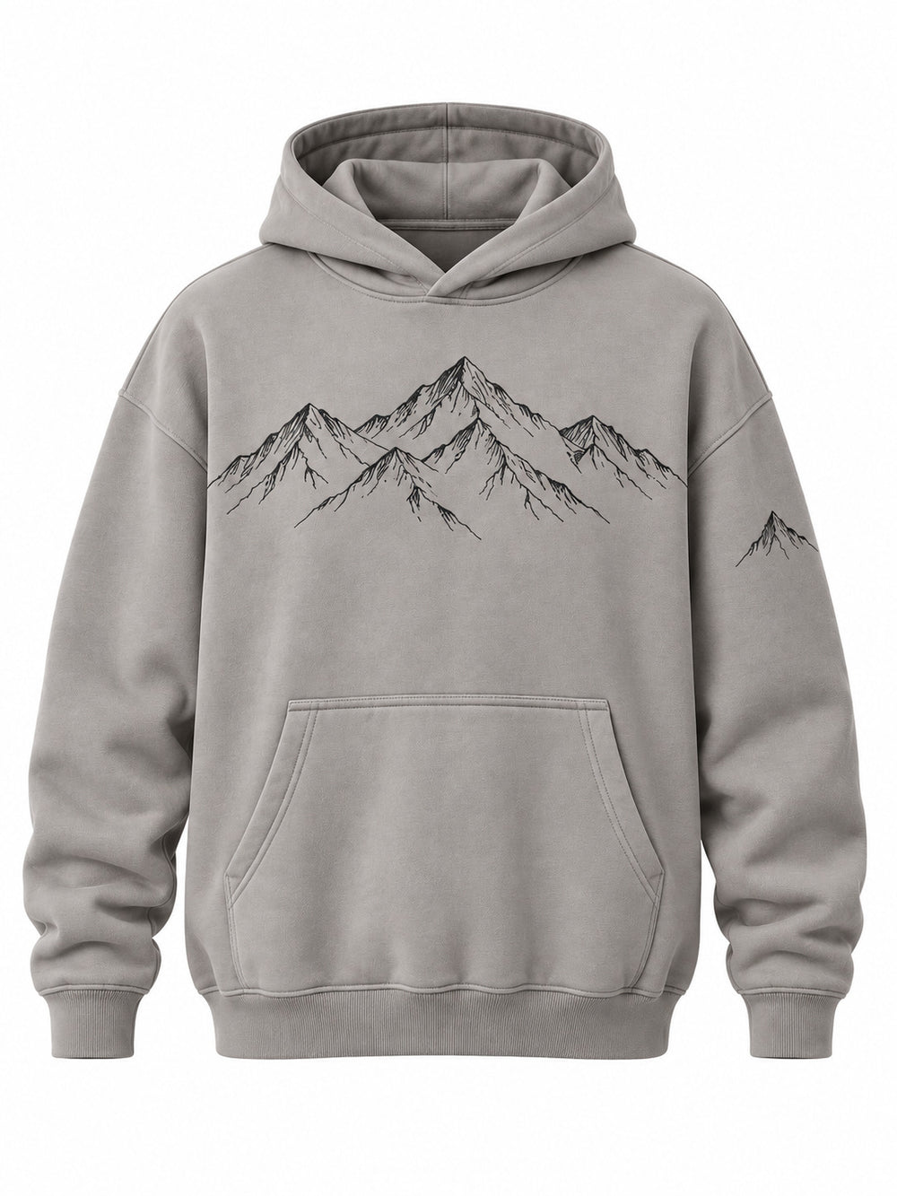 Front view of the Contour Club stone gray embroidered oversized hoodie with charcoal contour-line mountain embroidery across the upper chest