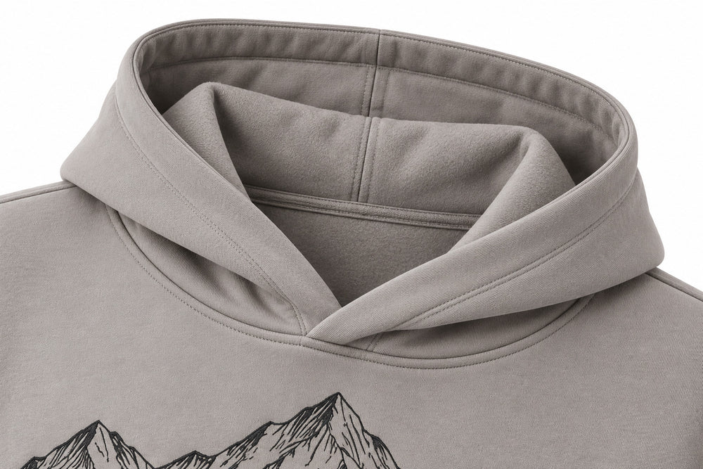 Close-up of the hood and neckline of the Contour Club stone gray embroidered oversized hoodie