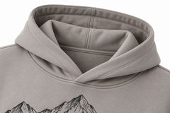 Close-up of the hood and neckline of the Contour Club stone gray embroidered oversized hoodie