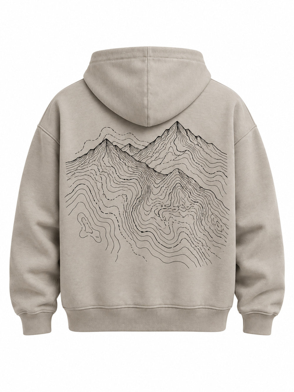 Back view of the Contour Half Zip stone embroidered boxy half-zip hoodie with large black topographic print below the hood