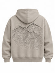 Back view of the Contour Half Zip stone embroidered boxy half-zip hoodie with large black topographic print below the hood