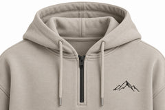 Close-up of the hood and neckline of the Contour Half Zip stone embroidered boxy half-zip hoodie