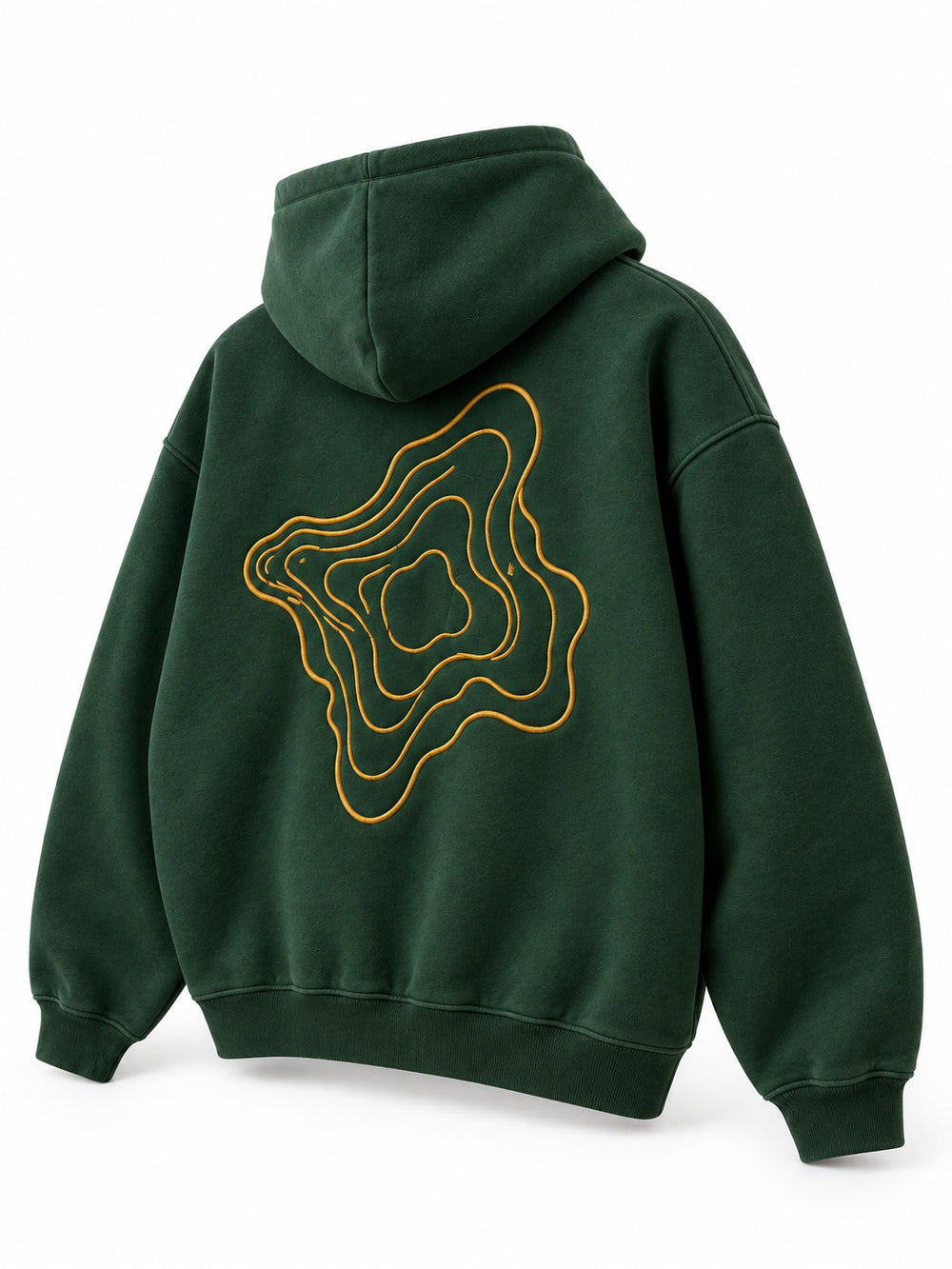 Rear three-quarter view of the Contour Stitch forest green embroidered boxy hoodie