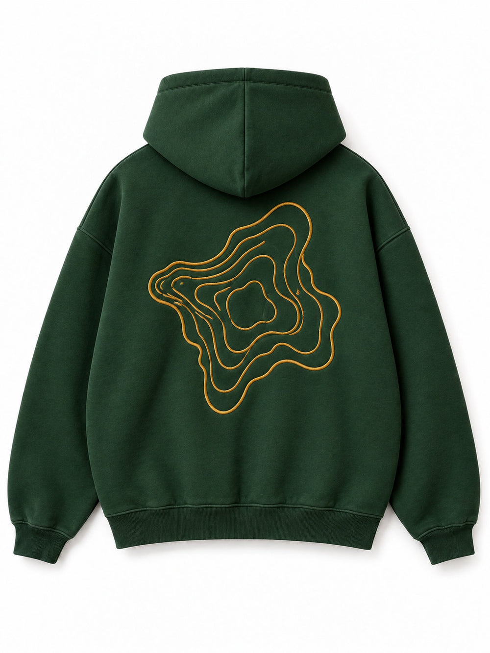 Back view of the Contour Stitch forest green embroidered boxy hoodie with a large gold topographic contour motif